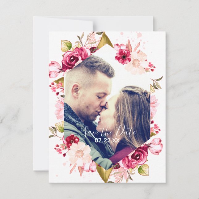 Burgundy & Blush Pink Hexagon Save the Date Photo (Front)