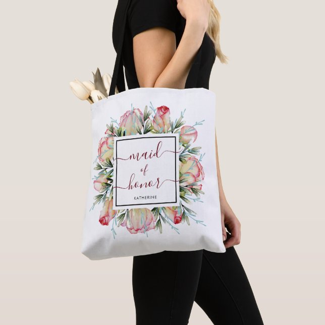  Burgundy Blush Pink Maid of Honor Wedding Tote Bag (Close Up)