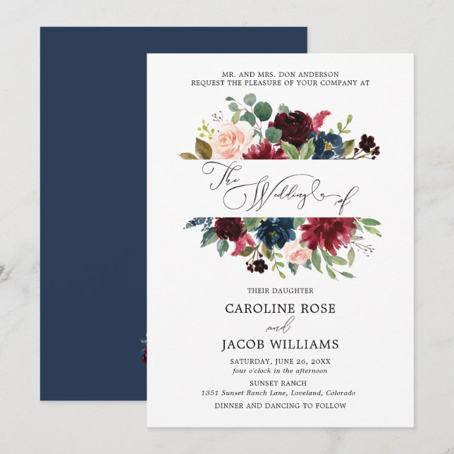 Burgundy Blush Pink Navy Blue Floral Wedding Invitation (Front/Back)