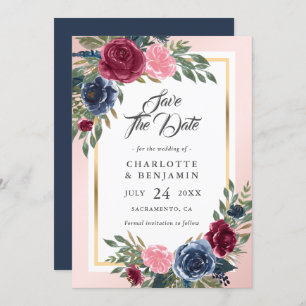 Burgundy Blush Pink Navy Blue Floral Wedding Save The Date