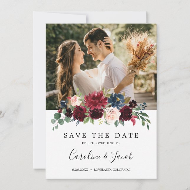 Burgundy Blush Pink Navy Blue Floral Wedding Save The Date (Front)