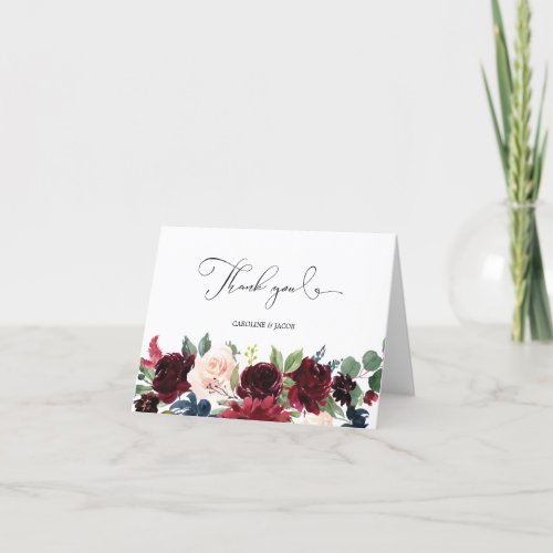 Burgundy Blush Pink Navy Blue Floral Wedding Thank You Card