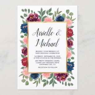 Burgundy Blush Pink Navy Blue Marsala Gold Wedding Invitation