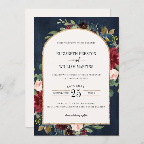 Burgundy Blush Pink Navy Floral Arch Frame Wedding Invitation