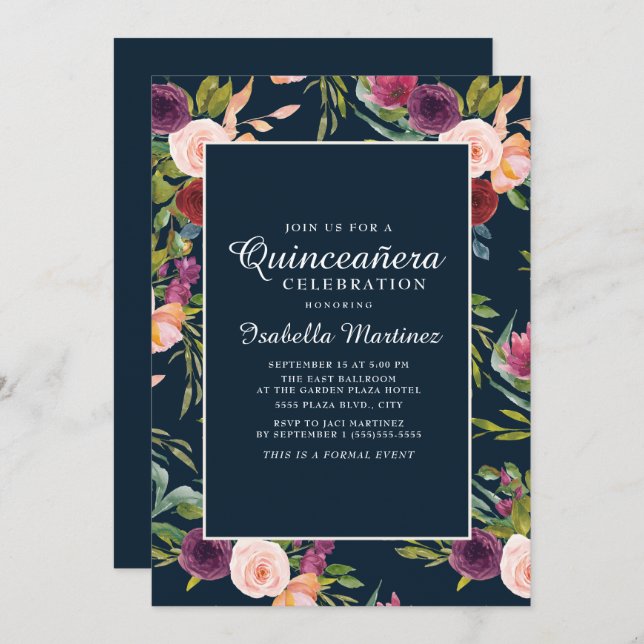 Burgundy Blush Pink Navy Floral Quinceañera Invitation (Front/Back)