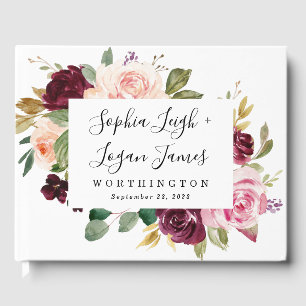 Burgundy Blush Pink Peach Gold Floral Boho Wedding Guest Book