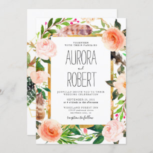 Burgundy Blush Pink Peach Gold Floral Boho Wedding Invitation
