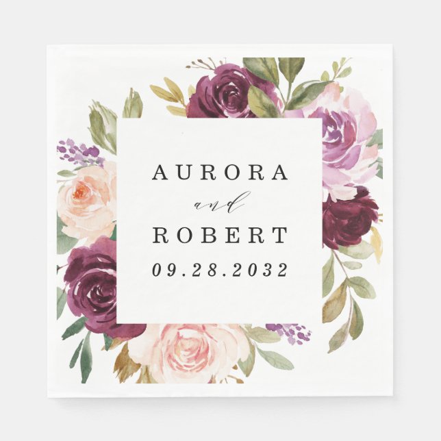 Burgundy Blush Pink Peach Gold Floral Boho Wedding Napkins (Front)