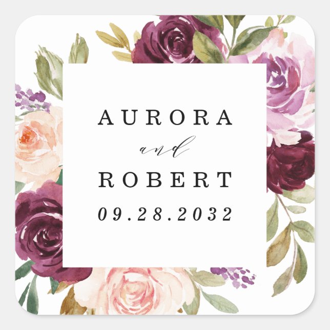 Burgundy Blush Pink Peach Gold Wedding Favor Square Sticker (Front)