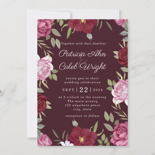 Burgundy Blush Pink Red Roses Wedding Invitation (Front)