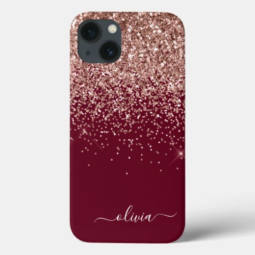 Burgundy Blush Pink Rose Gold Glitter Monogram Cas iPhone 13 Case