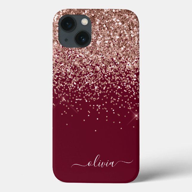 Burgundy Blush Pink Rose Gold Glitter Monogram Cas Case-Mate iPhone Case (Back)
