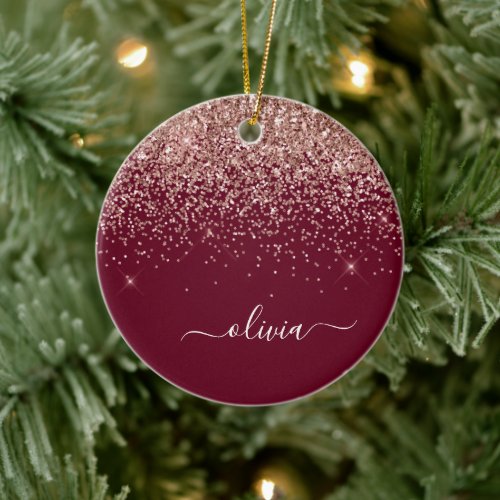 Burgundy Blush Pink Rose Gold Glitter Monogram Ceramic Ornament