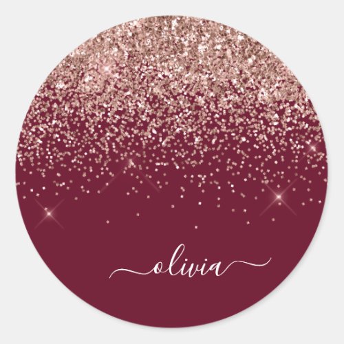 Burgundy Blush Pink Rose Gold Glitter Monogram Classic Round Sticker