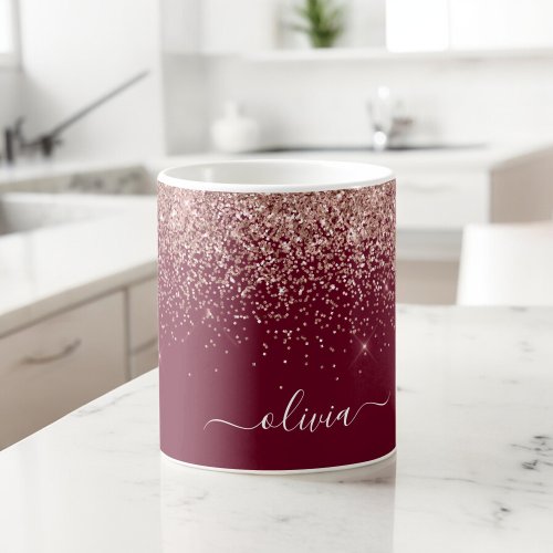 Burgundy Blush Pink Rose Gold Glitter Monogram Coffee Mug