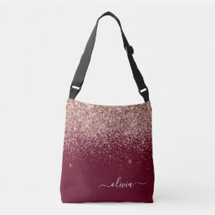 Burgundy Blush Pink Rose Gold Glitter Monogram Crossbody Bag