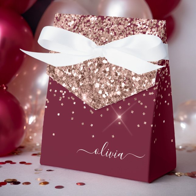 Burgundy Blush Pink Rose Gold Glitter Monogram Favor Boxes (Creator Uploaded)