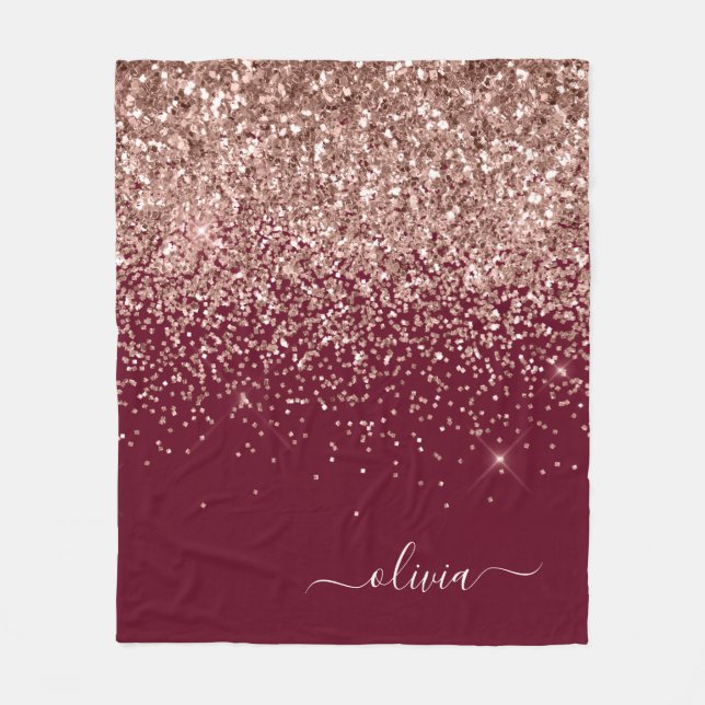 Burgundy Blush Pink Rose Gold Glitter Monogram Fleece Blanket (Front)