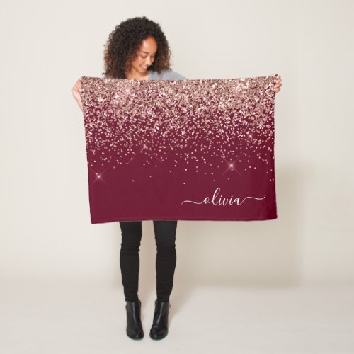 Burgundy Blush Pink Rose Gold Glitter Monogram Fleece Blanket