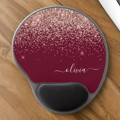 Burgundy Blush Pink Rose Gold Glitter Monogram Gel Mouse Pad