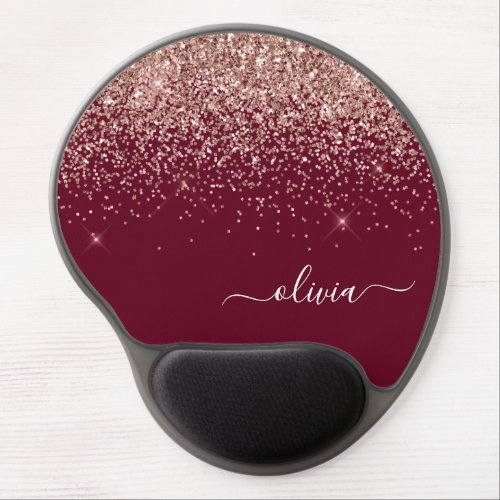 Burgundy Blush Pink Rose Gold Glitter Monogram Gel Mouse Pad