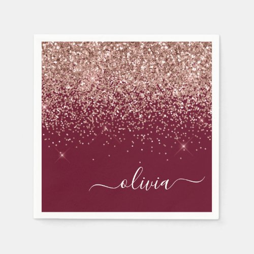 Burgundy Blush Pink Rose Gold Glitter Monogram Napkins