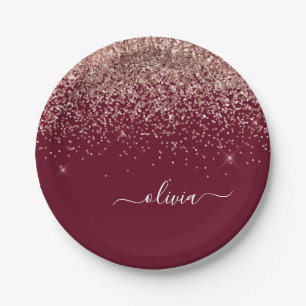 Burgundy Blush Pink Rose Gold Glitter Monogram Paper Plates