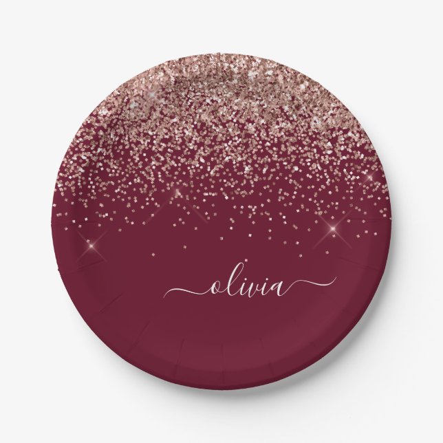 Burgundy Blush Pink Rose Gold Glitter Monogram Paper Plates (Front)