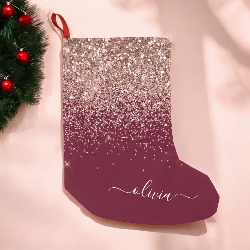 Burgundy Blush Pink Rose Gold Glitter Monogram Small Christmas Stocking