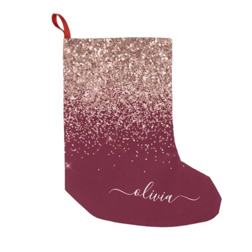 Burgundy Blush Pink Rose Gold Glitter Monogram Small Christmas Stocking