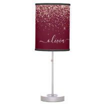 Burgundy Blush Pink Rose Gold Glitter Monogram Table Lamp