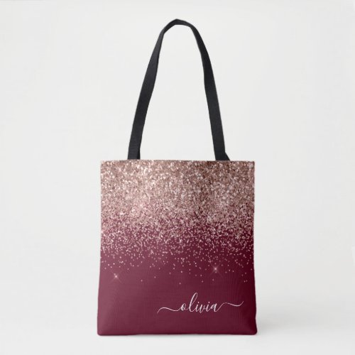 Burgundy Blush Pink Rose Gold Glitter Monogram Tote Bag