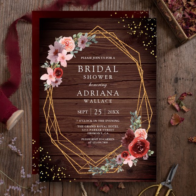 Burgundy Blush Pink Roses Barn Wood Bridal Shower Invitation (Creator Uploaded)