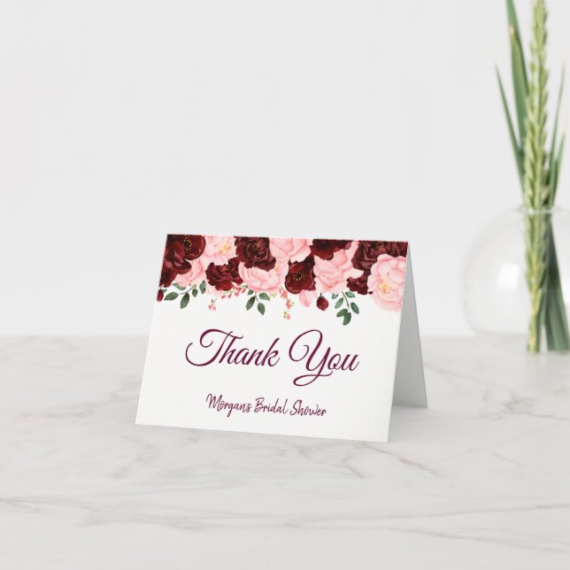 Burgundy Blush Pink Roses Bridal Shower Thank You Card (Front)