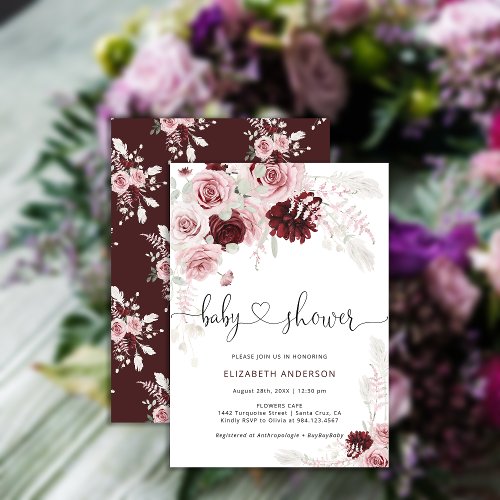Burgundy Blush Pink Roses Floral Baby Shower Invitation