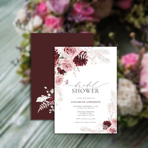 Burgundy Blush Pink Roses Floral Bridal Shower Invitation