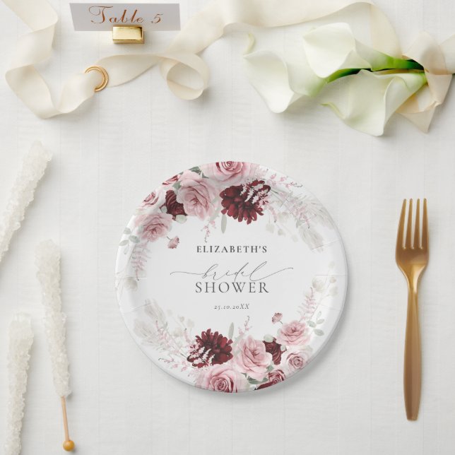 Burgundy Blush Pink Roses Floral Bridal Shower Paper Plates (Wedding)