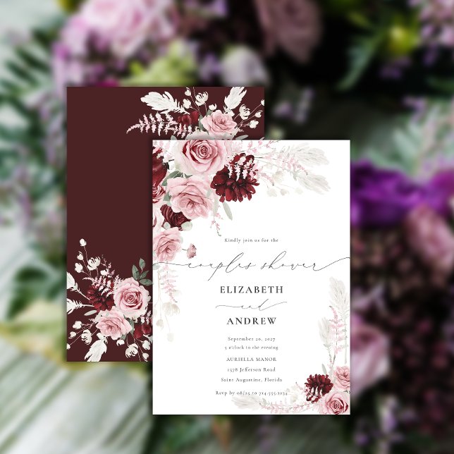 Burgundy Blush Pink Roses Floral Couples Shower Invitation (Creator Uploaded)