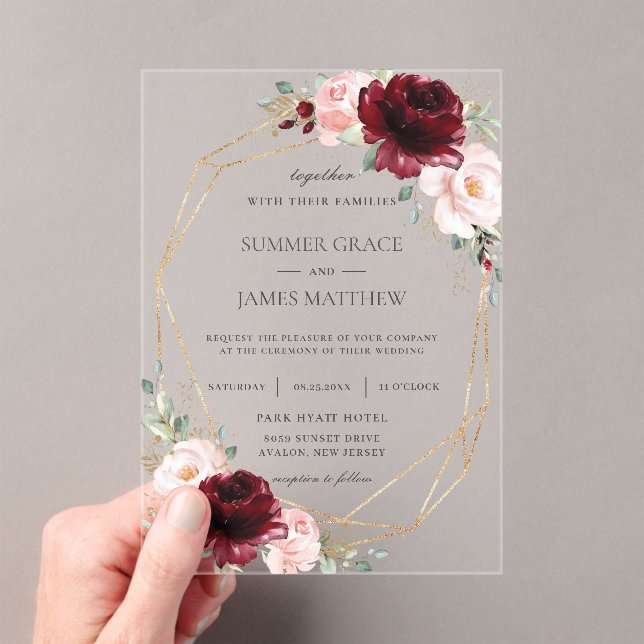 Burgundy Blush Pink Roses Floral Geometric Wedding Acrylic Invitations (Insitu (Handheld))