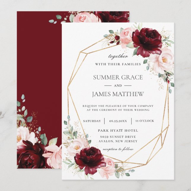 Burgundy Blush Pink Roses Floral Geometric Wedding Invitation (Front/Back)