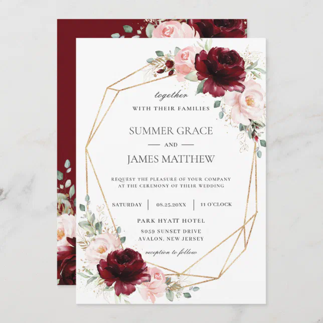 Burgundy Blush Pink Roses Floral Geometric Wedding Invitation | Zazzle