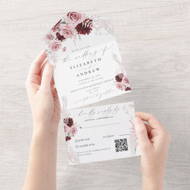 Burgundy Blush Pink Roses Floral QR Code Wedding All In One Invitation (Tearaway)