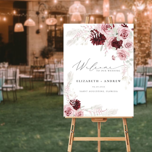 Burgundy Blush Pink Roses Floral Wedding Welcome Foam Board (Creator Uploaded)