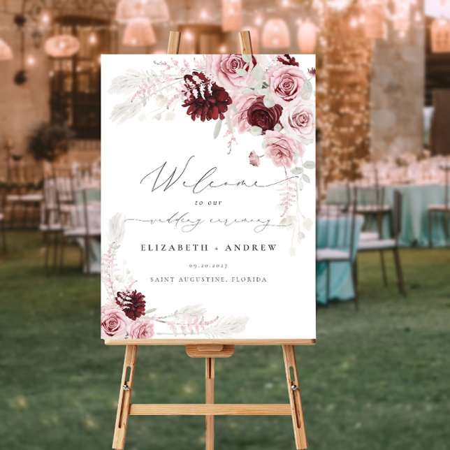 Burgundy Blush Pink Roses Floral Wedding Welcome Foam Board (Creator Uploaded)