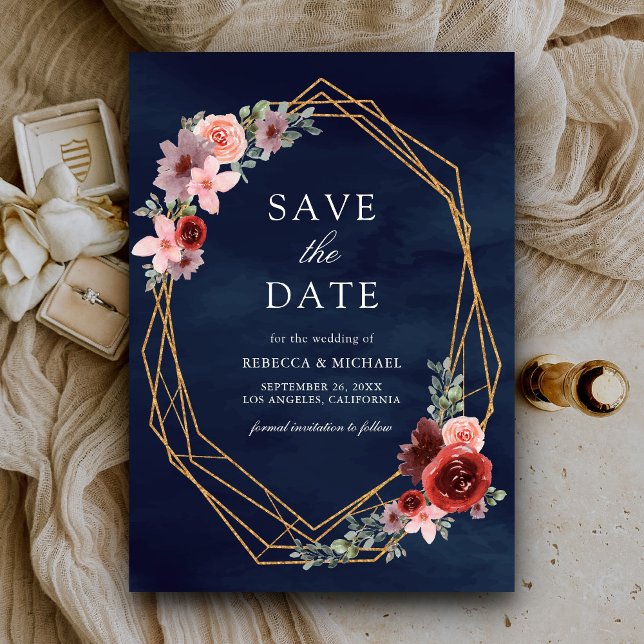 Burgundy Blush Pink Roses Navy Blue Wedding Save The Date (Creator Uploaded)