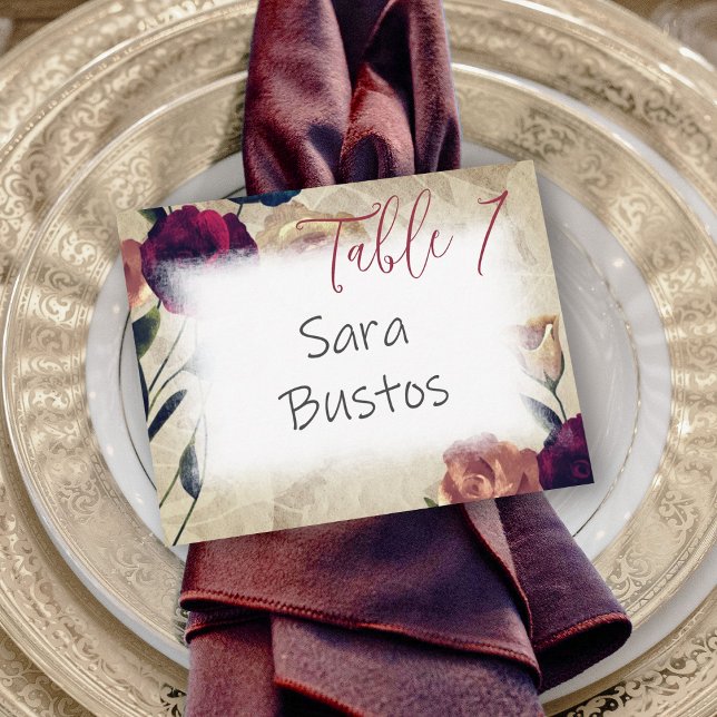 Burgundy, Blush Pink Roses Wedding Table Number  (burgundy red roses, beige wedding place card, table reserved table name card, elegant script)
