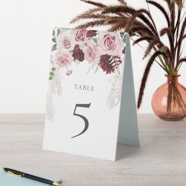 Burgundy Blush Pink Roses Wedding Table Number Table Tent (In SItu (Table))