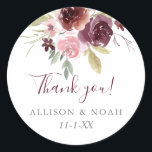 burgundy blush pink rustic floral wedding favor classic round sticker<br><div class="desc">For more advanced customization of this design,  simply select the "Customize It" button above!</div>