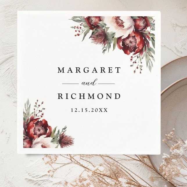 Burgundy Blush Pink Rustic Floral Wedding Paper Napkins (Creator Uploaded)