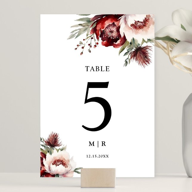 Burgundy Blush Pink Rustic Floral Wedding Table Number (Creator Uploaded)